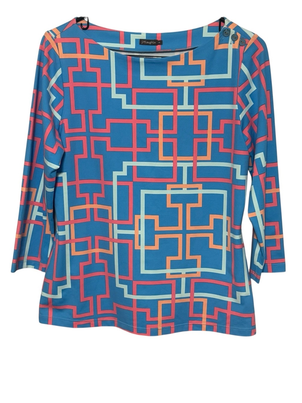 J. McLaughlin Blue Geometric Long Sleeve Top with Coral and Cream Accents